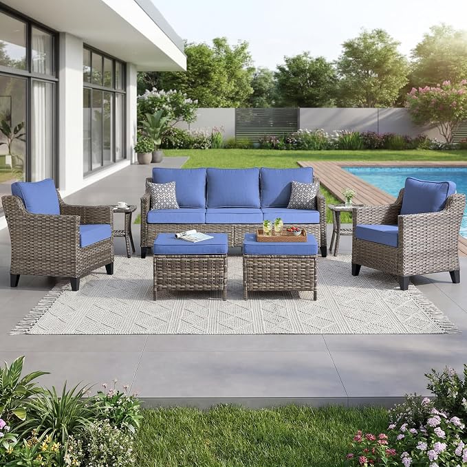 Luxury Patio Furniture Sofa Set - 7 Pieces All Weather Wicker Outdoor Couch and High Back Patio Chairs with Sofa & footstools for Deck Yard and Poolside Gray Wicker | Blue Cushions