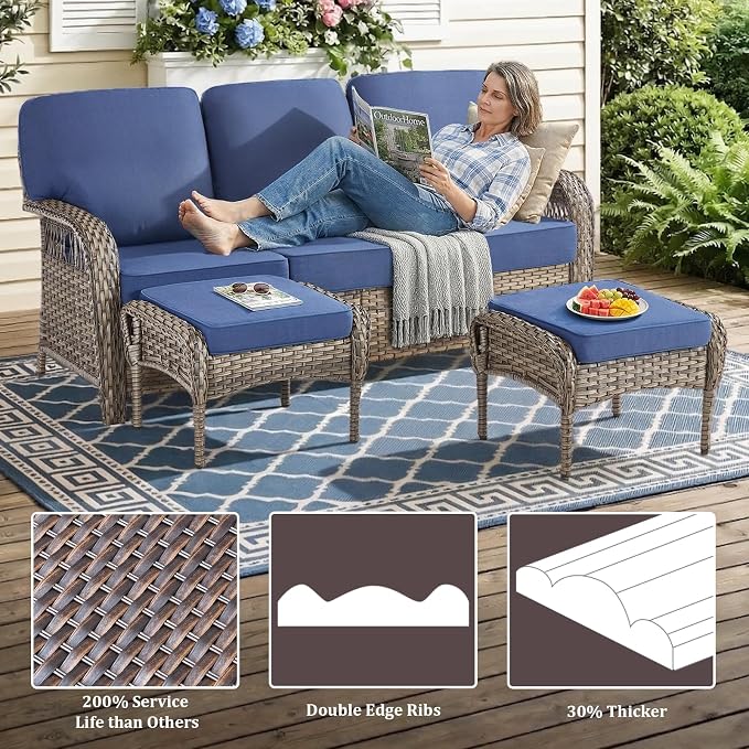 Patio Furniture Set, All Weather 3 PCS Wicker Outdoor Small Sectional Set, 5" Thick Rattan Conversation Set with 3-seat Sofa and Ottoman for Lawn, Garden, Blue/Gray Wicker