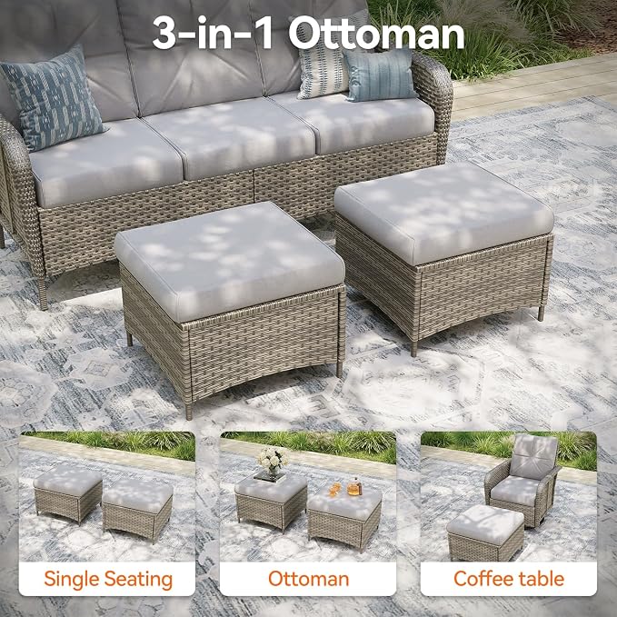 Aoxun Luxury 8-Piece Patio Furniture Set with 44'' Fire Pit Table, Wicker Rattan Sofa with Thick Cushion, Outdoor Conversation Set for Backyard, Poolside & Garden, Beige/Gray