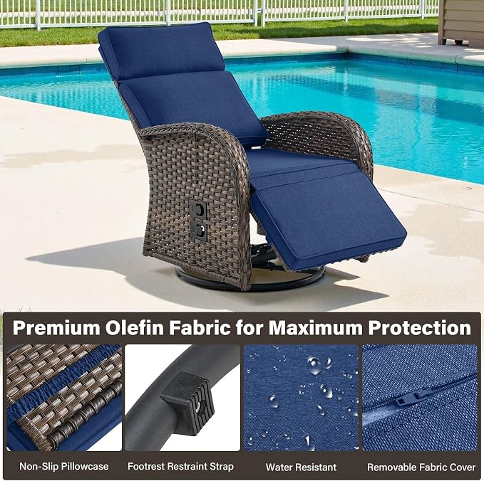 Dual-Adjust Swivel Outdoor Recliner Chair Set of 3 - Reclining Patio Chair with Adjustable Backrest and Footrest, All-Weather Wicker Chaise Lounge Outdoor with Side Table for Pool Deck Brown and Blue