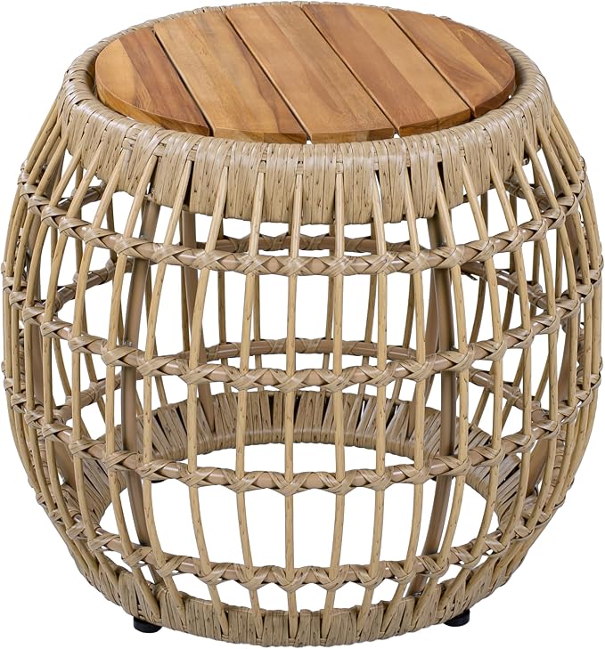Merax Bohemian Round Outdoor Side Table with Acacia Wood Top and Wicker Base, Boho Rattan Coffee Table for Garden, Pool, Deck, Balcony, Yard, Patio, Light Brown