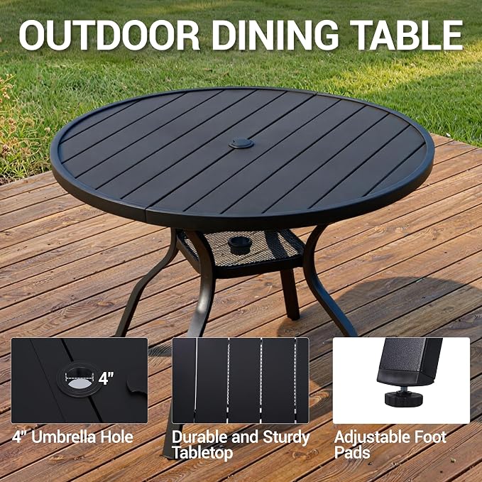 41" Round Outdoor Dining Table for 4 Person, Metal Patio Dining Table with Adjustable Umbrella Hole, Partitioned Storage Shelf for Garden, Backyard and Porch, Black