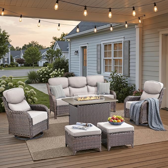 Luxury Patio Furniture Set with 42.5" Fire Pit Table, 6 Pieces High Back All Weather Wicker Outdoor Furniture w/ 6-Inch Thick Cushions, Patio Swivel Chairs Couch for Deck Balcony Backyard Brown/Beige