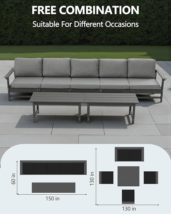 HDPE Outdoor Patio Furniture Set, 7-Piece Sofa Set with 5-Seat Couch 2 Coffee Tables, Weatherproof Conversation Set with Cushions, All-Weather Waterproof, for Garden, Porch & Backyard
