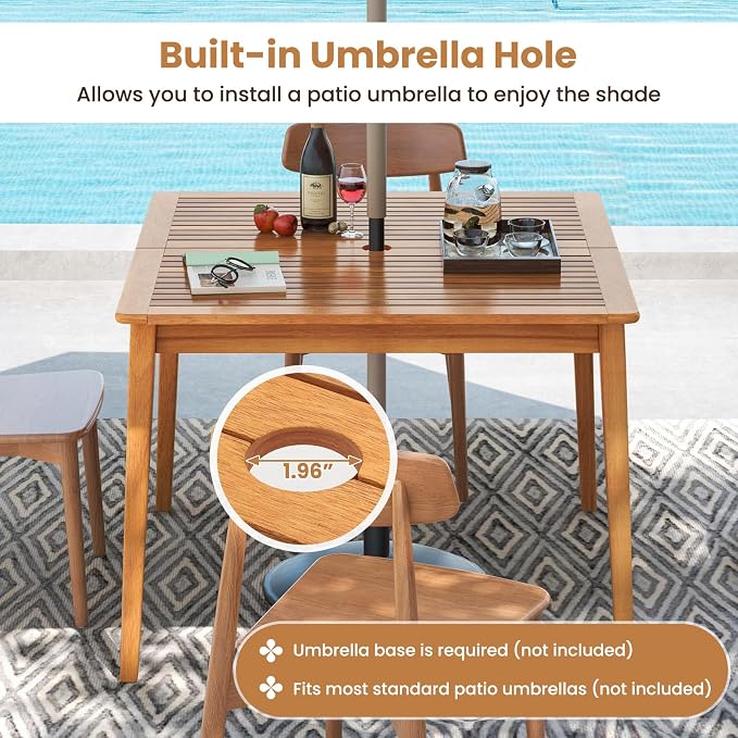 HAPPYGRILL Outdoor Acacia Wood Dining Table for 4 People, 40” Square Patio Bistro Table with Built-in Umbrella Hole, Deck Table for Porch, Garden, Backyard