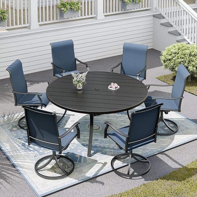 Patio Table and Chairs Set for 6 Person,54"x 54"x 28" Round Steel Slat Outdoor Table with 6 Breathable Textilene Swivel Chairs for Deck/Backyard/Poolside/Garden