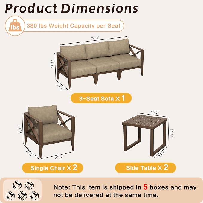 Outdoor Aluminum Patio Furniture Set, 5-Seats Patio Conversation Sofa Set with 2 Coffee Tables, All Weather for Pool, Balcony, Garden(Brown)