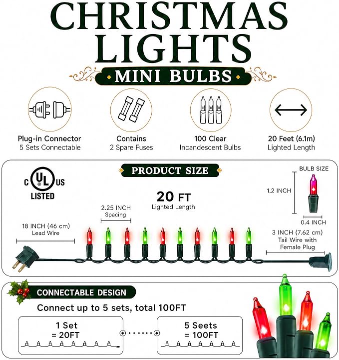 TW SHINE Christmas Mini String Lights, 20FT 100 Count Incandescent Mini Christmas Tree Lights, Waterproof Xmas String Lights for Outdoor Indoor Home Party Yard Decorations, Red and Green