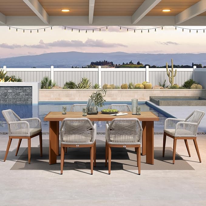 PURPLE LEAF 7 Pieces Patio Dining Set Aluminum Rectangular Table and Rattan Arm Chairs with Cushions for Kitchen Porch Garden Modern Outdoor Furniture Sets