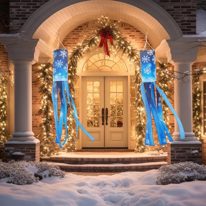 NOVWANG 2 Pcs Winter Snowflake Windsocks, 40 Inch Christmas Windsock Winter Outdoor Hanging Decoration Flag for Yard Garden Patio Balcony Porch Home Decor