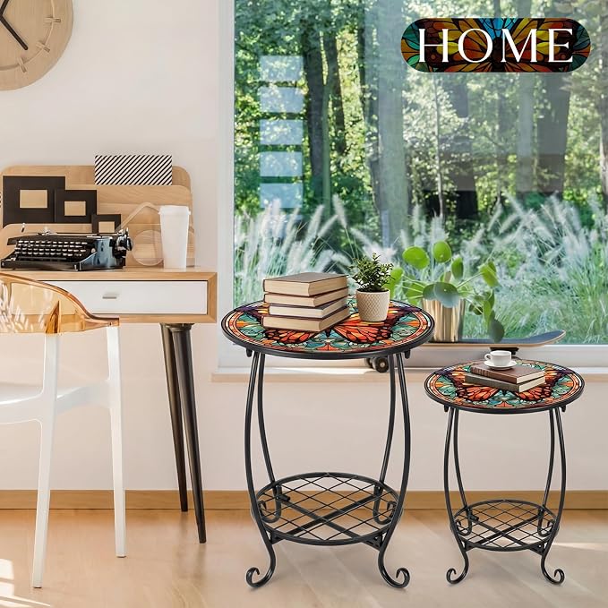 Cinnvoice 2 Pcs Outdoor Side Table Small Patio Round Mosaic Accent End Table Indoor Plant Metal Coffee Tea Tables for Patio Yard Porch Garden Living Room(12" and 16",Butterfly B Style)