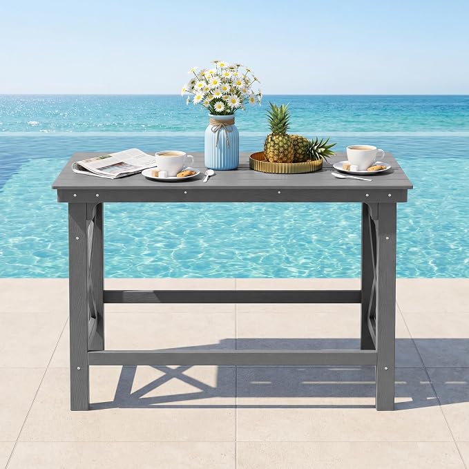 60" HDPE Outdoor Bar Table, Rectangle Patio Bar Height Counter Table, All-Weather Adirondack Outdoor Pub Table, Waterproof Patio Bar Table for Outside, Garden, Backyard, Deck, Grey