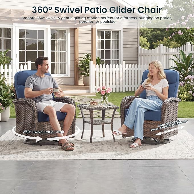High Back Luxury Patio Furniture Set with 6-inch Thick Cushion, Swivel Rocker Patio Chairs Set of 4 with Outdoor Couch, 8 Piece Wicker Conversation Set for Deck Yard Garden Balcony Blue