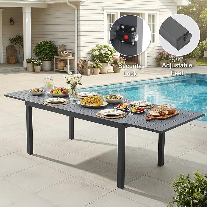 SUNSITT 9 Piece Outdoor Patio Dining Set, 63" - 105" Aluminum Expandable Outdoor Dining Table and 8 Woven Wicker Patio Chairs w/WPC Armrests for Garden, Dark Grey