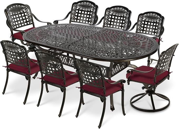 VIVIJASON 9-Piece Patio Furniture Dining Set, All-Weather Cast Aluminum Outdoor Conversation Set, Include 6 Stationary Chairs, 2 Swivel Dining Chairs and an Oval Table with Umbrella Hole, Red Cushion