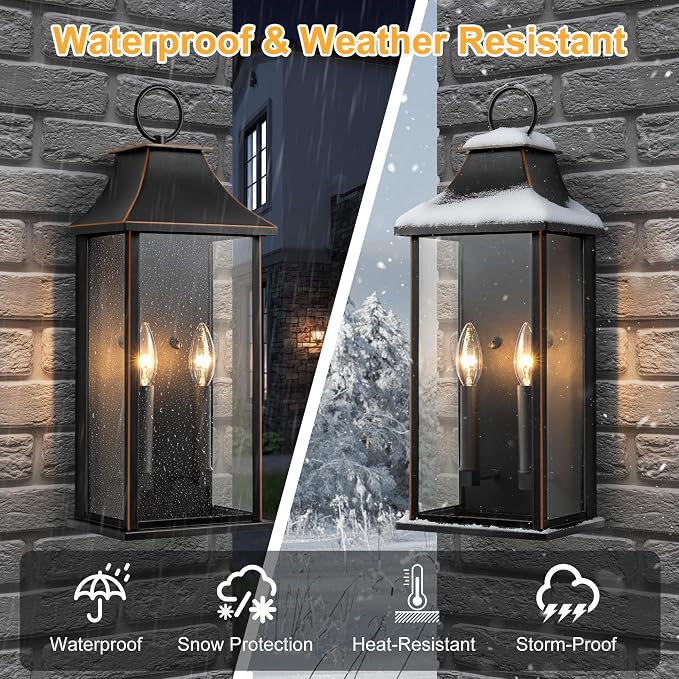 Dusk to Dawn Outdoor Wall Light, 20.6 Inch, Black with Brown Trim | Modern Exterior Light Fixture, Large Outside Wall Lantern Sconce, for House, Porch, Garage