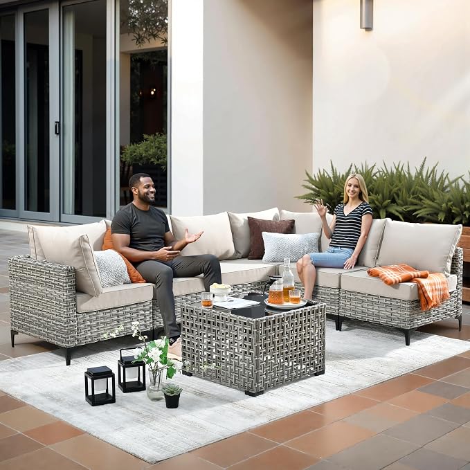 CAODOC Outdoor Sectional Patio Furniture Set,10 Pieces Wicker Conversation Sets L Shaped Couch,Out Door Sofa Outside Furniture with Swivel Chairs,Beige