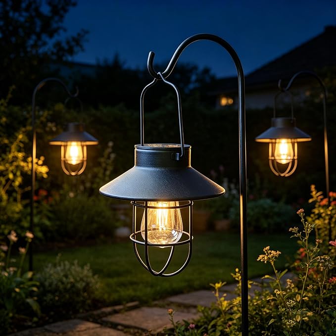 4 Pack Hanging Solar Lantern Lights with Shepherd Hook, Metal Waterproof Warm White Edison Bulb Lights for Garden Outdoor Pathway