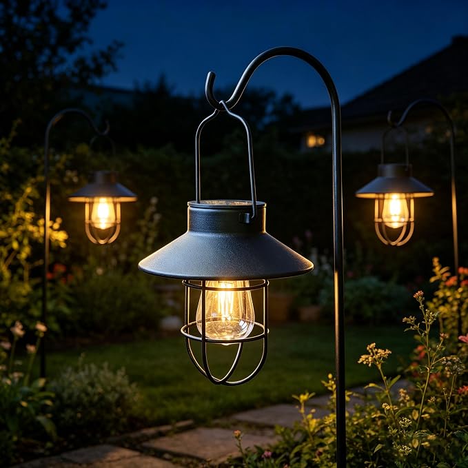 Solar Lantern 2pack Outdoor Hanging Light- Waterproof Vintage Metal Light with Shepherd Hook Decorative for Patio, Backyard, Porch, Yard (Black)