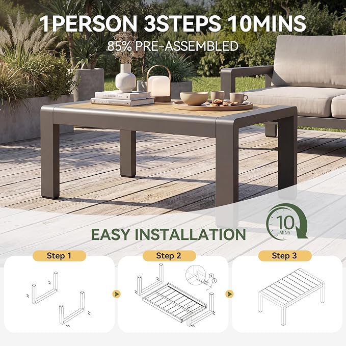Aoxun Outdoor Aluminum Coffee Table for Patio Furniture Set, Rectangle Outdoor Coffee Table, All-Weather Patio Metal Coffee Table for Balcony, Garden, Deck, Backyard, Silver