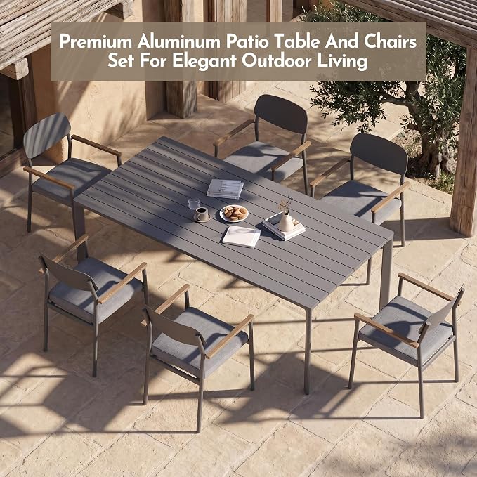 Modern Shade Luxury Outdoor Dining Set for 7, Outdoor Table and Chairs Set with Fade Resistant Cushions & FSC Teak, Premium Aluminum Patio Table and Chairs Set for Elegant Outdoor Living, Gray