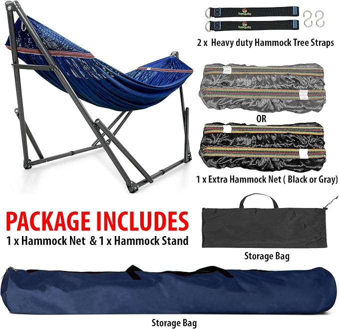 Tranquillo Combo x2 Hammocks with Stand for Outside & Tree Straps, Heavy Duty Hammock with Stand 600lbs for Indoor Outdoor Patio Backyard, x2 Hammocks for 2 Person, Portable Carrying Bags, Aegean