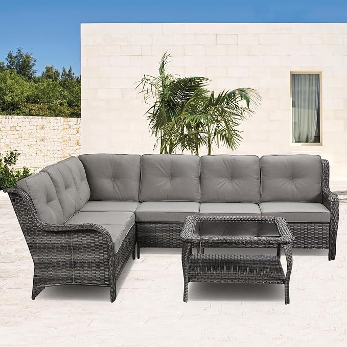 Patio Table Outdoor Coffee Tables - Rattan Wicker Coffee Table with Glass Top and 2-Tier Storage Shelf Square for Outdoor Patio Porch Deck Balcony Garden(Mixed Grey/Glass Top)