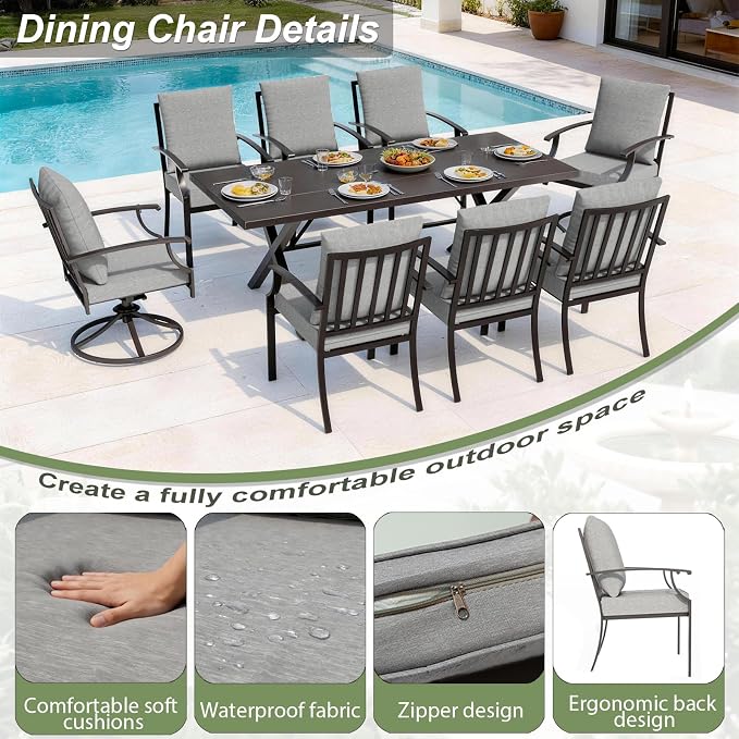 Patio Dining Set for 10 with 13.6ft Double-Sided Patio Umbrella,Outdoor Dining Set of 6 Metal Chairs and 2 Swivel Chairs with Umbrella Hole Table for Backyard,Garden,and Poolside(Grey)