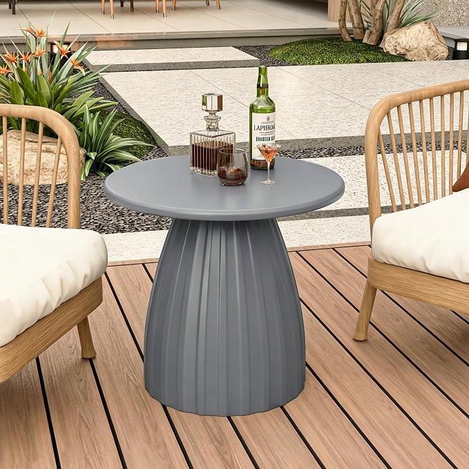 Round Metal Outdoor Patio Side Table, Steel Outdoor Accent Table, Small Patio End Table, for Garden, Pool, Yard, Balcony, Living Room, Deck, Weather Resistant, No Assembly, Grey