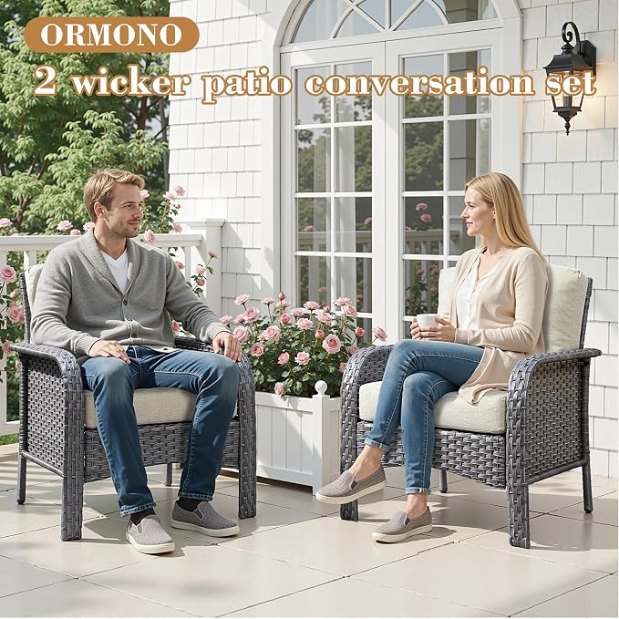 2 Pieces Patio Furniture Set, Two Single Chair Outdoor Furniture, All-Weather Rattan Wicker High Back Conversation Set of 2 for Small Space Porch, Backyard, Balcony,Beige