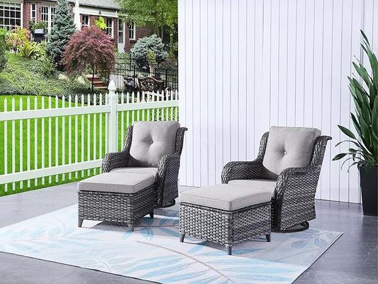 HUMMUH 4 Piece Outdoor Patio Furniture Set Wicker Conversation Bistro Set Swivel Rocker Chairs with 2pcs Ottomans for Backyard, Porch, Balcony