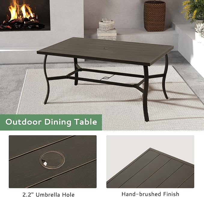 6-Person Outdoor Dining Table, Aluminum Rectangle Outdoor Dining Table with 2.2" Umbrella Hole, Rustproof Aluminum Patio Dining Table for 6, All-Weather for Garden Yard Poolside, Dark Brown