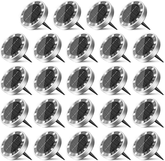 24 Pack Solar Ground Lights Outdoor, 8 LED Mini Flat Solar Disc Lights, IP65 Waterproof Pathway Lights Solar Powered, Landscape Lighting for Garden Walkway Driveway Yard Lawn,Cool White