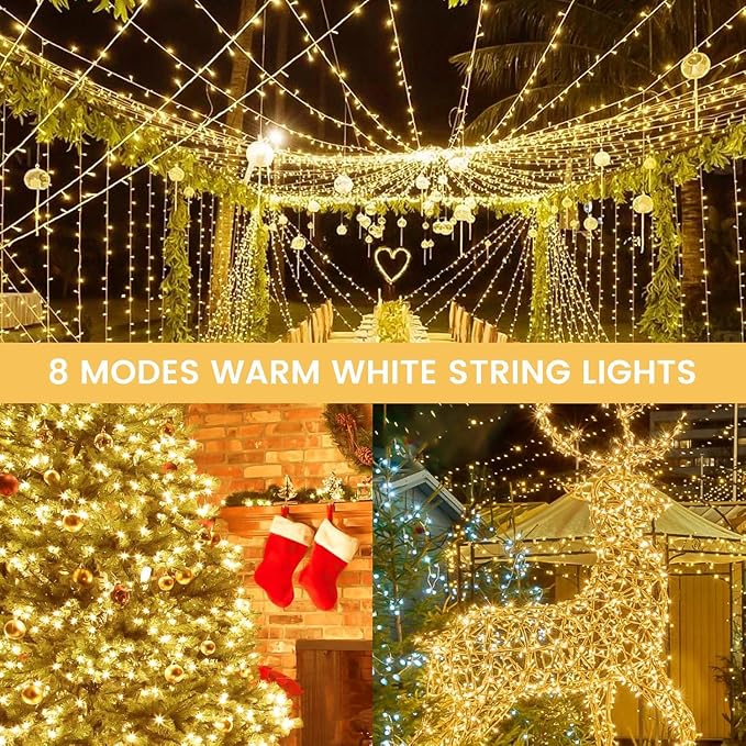 4 Pack 200 LED Battery Operated String Lights, 8 Modes Twinkle Fairy Lights | 66FT Warm White Christmas Lights Indoor Outdoor, Waterproof Battery Lights for Bedroom Party Porch Tree Holiday Decorations