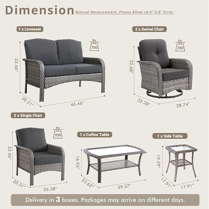 7 Piece Wicker Patio Furniture Set with Swivel Chairs, Black | High Back Swivel Rocker Chairs, Outdoor Loveseat Sofa, Coffee Table, Rattan Conversation Set, Porch Deck Backyard Poolside