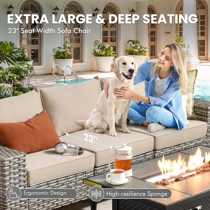 4 Pcs Patio Outdoor Furniture Set - All Weather Wicker Outdoor Sectional Sofa Couch with Ottoman,Patio Modular Rattan Conversation Set for Garden Deck Yard,Beige,