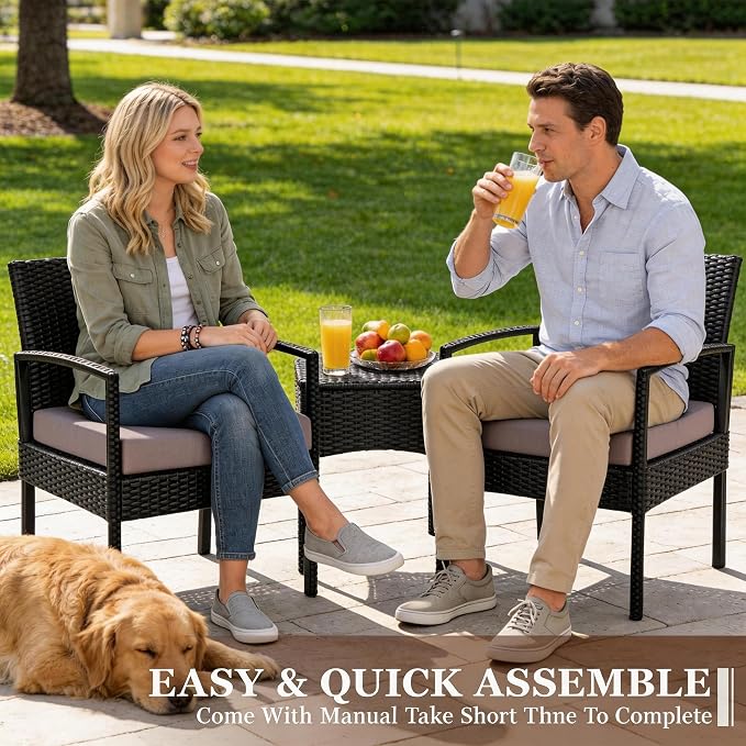 PROHIKER 3 PCS Patio Rattan Conversation Bistro Chairs Set, Outdoor Patio Furniture Wicker Bistro Set with Coffee Table for Garden Porch Balcony Yard Lawn, Brown