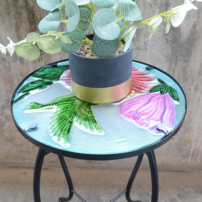 12 Inch Round Hummingbird Glass Side Table, Patio Small Table, Outdoor Side Table, Outdoor Bar Table, Metal Glass End Table for Porch Garden Patio Pool Living Room
