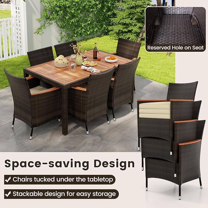 KOTEK 7 Piece Outdoor Dining Set, Wicker Patio Dining Set for 6 with Stackable Chairs & Acacia Wood Table, 1.96'' Umbrella Hole, Patio Table and Chairs Set for Backyard, Deck, Garden (Mix Brown)