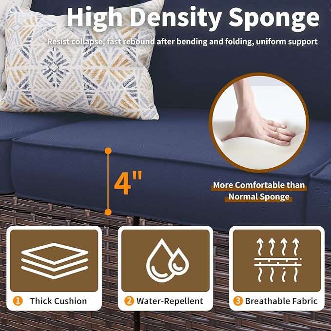 Patio Furniture Set, 6 Pcs Patio Outdoor Sectional, Wicker Outdoor Couch with Swivel Chair, Ottomans, Side Table, 4" Thick Cushion, for Garden Backyard Deck,Navy Blue