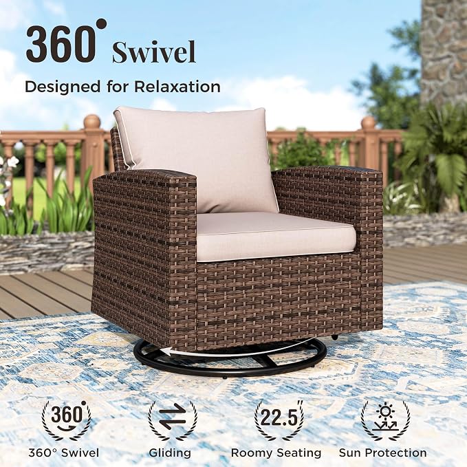 MIXPATIO Swivel Glider Patio Furniture Set, 5 Pcs Wicker Rattan Outdoor Conversation Set, 2 x Swivel Chairs, 1 x 3 Seater Sofa and 2 x Ottoman with 4" Thick Cushion, Beige