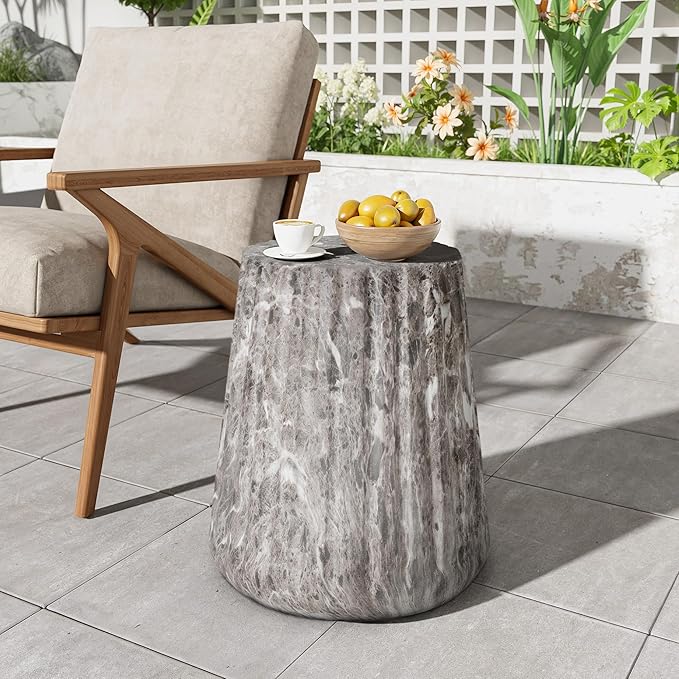 Outdoor Side Table 16" Geometric Shape Concrete Side Table, Patio Tables for Outside Decorative Garden Stools, No Assembly Accent Table for Patio Porch Living Room, Grey