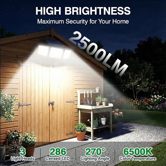 Solar Outdoor Lights Motion Sensor, 2500LM 286 LED Security Flood Lights with Visual Battery & Mode Display, 3 Lighting Modes, IP65 Waterproof 3-Head Wide Angle for Garage, Yard, Patio (1 Pack)