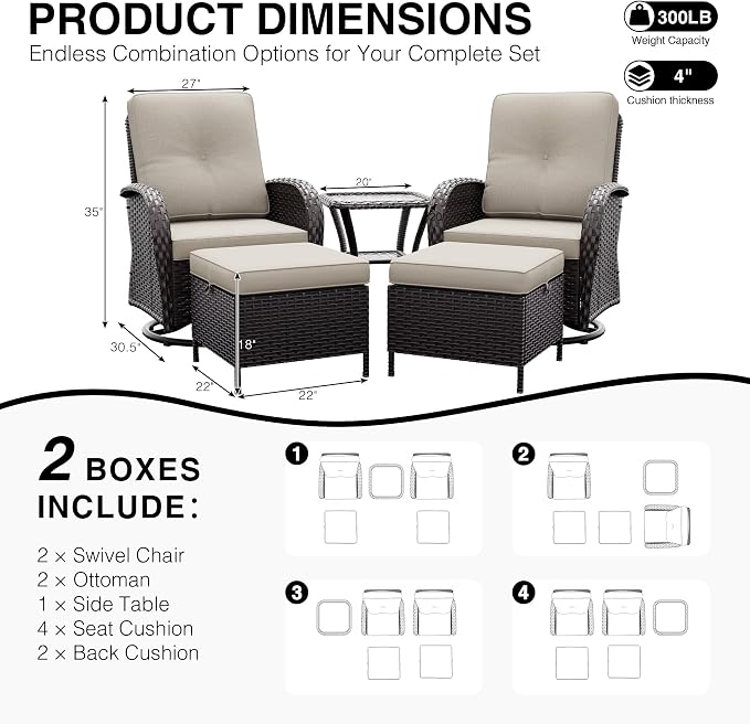 Joyside Wicker Patio Furniture Set, 5 Piece Outdoor Furniture Set with Thickened Cushions, High Back, Deep Seating, Wide Armrest, Outdoor Swivel Rocker Chairs for Porch, Deck