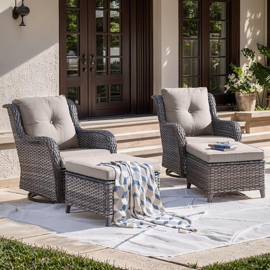 Outdoor Swivel Chairs-Patio Swivel Glider Chairs with Ottomans Outdoor Conversation Set for Deck Balcony Poolside Backyard-Grey/Grey