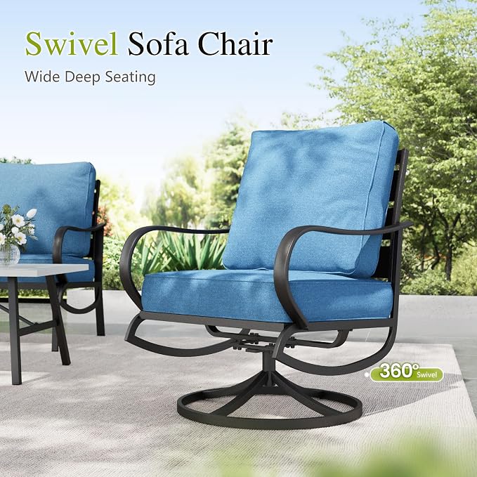 Sophia & William Patio Furniture Sets 5 Seats Outdoor Metal Conversation Sets 4 Pcs with 2 x Cushioned Swivel Sofa Chairs,1 x 3-Seat Sofa, 1x Marbling Metal Coffee Table Lawn Backyard Poolside Navy