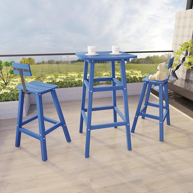 3-Piece Outdoor Counter Height Bar Table Set, 42" Pub & Bistro Table with 2 Stools, HDPE Weather Resistant for Patio/Backyard/Garden/Poolside, Navy Blue