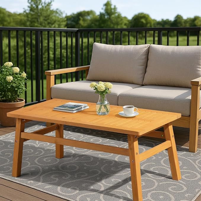 42" Farmhouse Patio Side Tables,Solid Cedar Wood Accent Table,Patio Rectangle Cocktail End Tables,Outdoor Wood Coffee Table,with Slatted Tabletop,for Garden Poolside Lawn Living Room (Teak Finish)