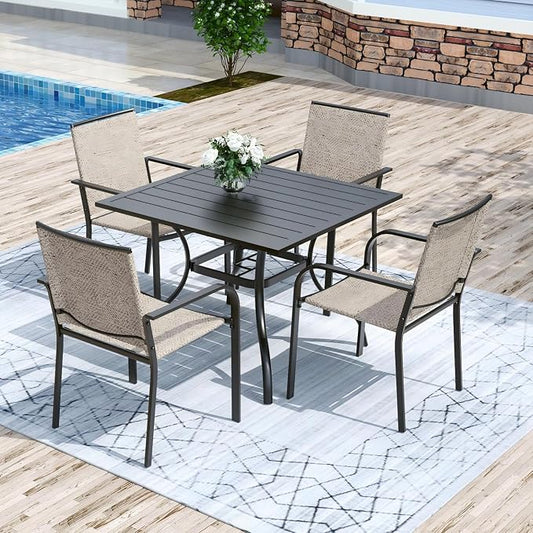 Anmutig 5-Piece Outdoor Dining Set, 35" Square Table with 1.57" Umbrella Hole, 4 Stackable Chairs, Black Steel Frame Beige White Fabric