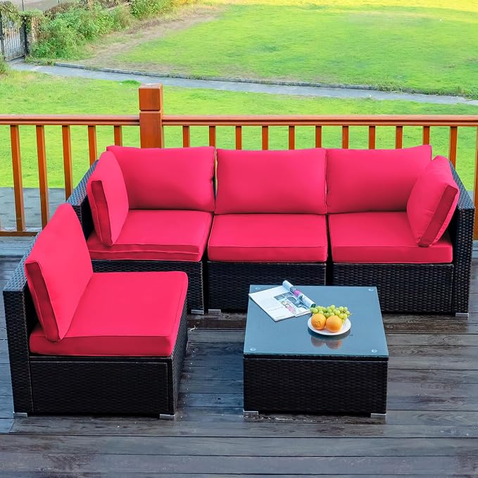 COSTWAY 5-Piece Outdoor Patio Furniture Set, PE Rattan Sofa Chairs with Cushions and Tempered Glass Coffee Table, Conversation Sofa Set for Backyard Garden (Red)